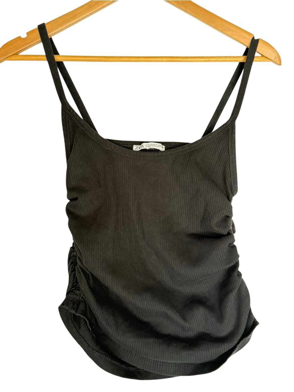 ZARA Basics black ribbed tank top with ruched side details MEDIUM